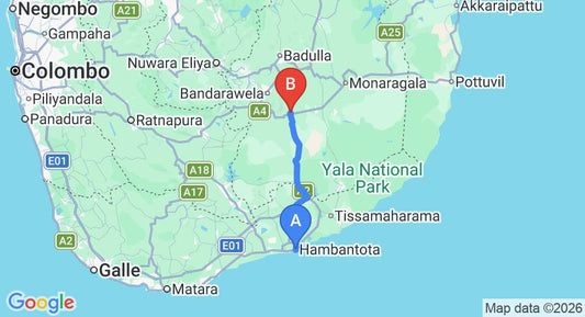 Driving route map: Hambantota to Wellawaya (82 km, approx 1 h 31 min private transfer)