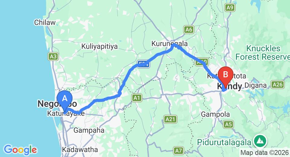 Driving route map: Colombo Airport (CMB) to Heshani Gem and Jewellery, Kandy (113 km, approx 2 h 48 min private transfer)