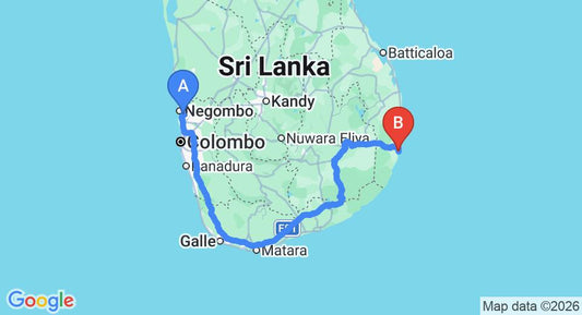 Driving route map: Colombo Airport (CMB) to Hideaway Hotel, Arugam Bay (418 km, approx 6 h 26 min private transfer)