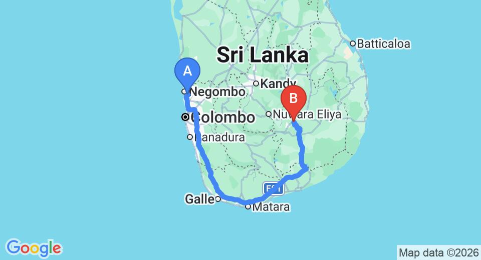 Driving route map: Colombo Airport (CMB) to Ella Resort, Ella (336 km, approx 4 h 59 min private transfer)