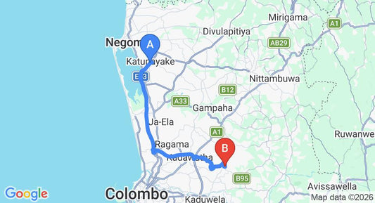 Driving route map: Colombo Airport (CMB) to Delgoda (39 km, approx 50 min private transfer)