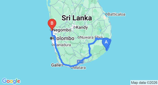 Driving route map: Kumana to Colombo Airport (CMB) (462 km, approx 8 h 10 min private transfer)