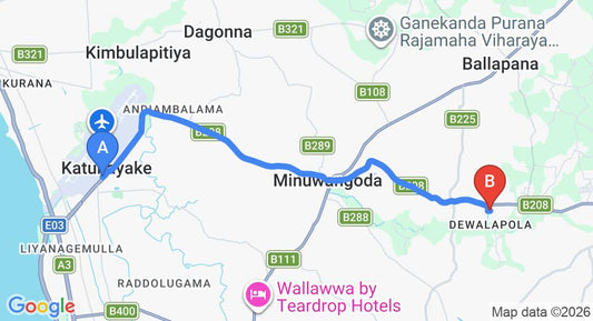 Driving route map: Colombo Airport (CMB) to Dewalapola (15 km, approx 30 min private transfer)