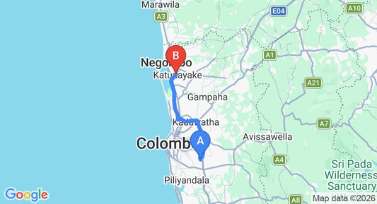 Driving route map: Hokandara to Colombo Airport (CMB) (44 km, approx 40 min private transfer)