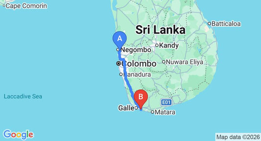 Driving route map: Colombo Airport (CMB) to Habaraduwa (157 km, approx 2 h 19 min private transfer)