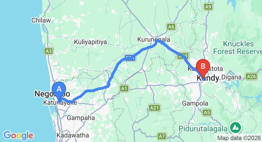 Driving route map: Colombo Airport (CMB) to Earl's Regency Hotel, Kandy (110 km, approx 2 h 41 min private transfer)