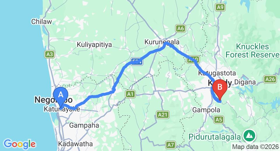 Driving route map: Colombo Airport (CMB) to Yale Kandy Park, Kandy (127 km, approx 3 h 21 min private transfer)