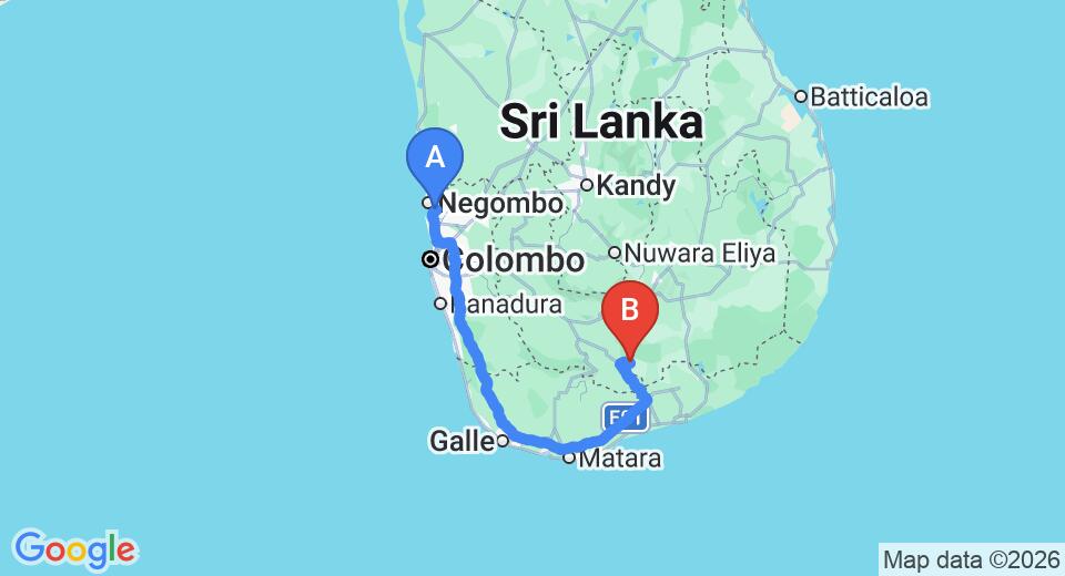 Driving route map: Colombo Airport (CMB) to Kalu's Hideaway, Udawalawe (263 km, approx 3 h 45 min private transfer)