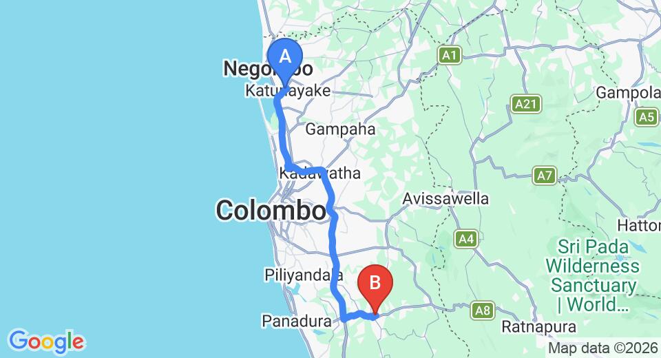 Driving route map: Colombo Airport (CMB) to Governors River Lodge Horana, Horana (72 km, approx 1 h 16 min private transfer)