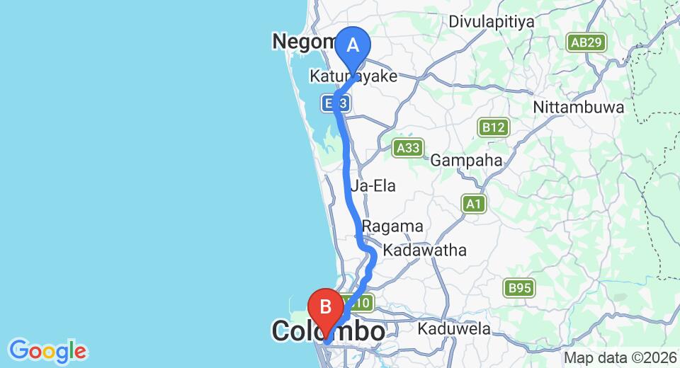 Driving route map: Colombo Airport (CMB) to Uga Residence, Colombo (34 km, approx 44 min private transfer)