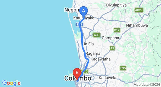 Driving route map: Colombo Airport (CMB) to Uga Residence, Colombo (34 km, approx 44 min private transfer)