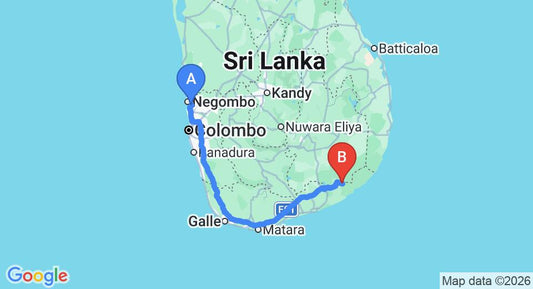 Driving route map: Colombo Airport (CMB) to Yala Wana Arana Resort, Kataragama (290 km, approx 3 h 54 min private transfer)