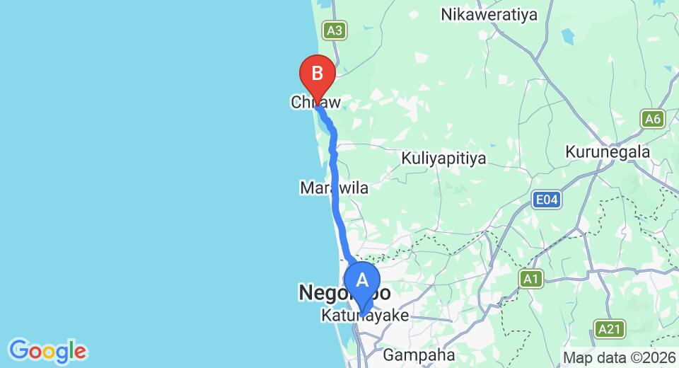 Driving route map: Colombo Airport (CMB) to Hotel Capri Mc, Chilaw (52 km, approx 1 h 27 min private transfer)