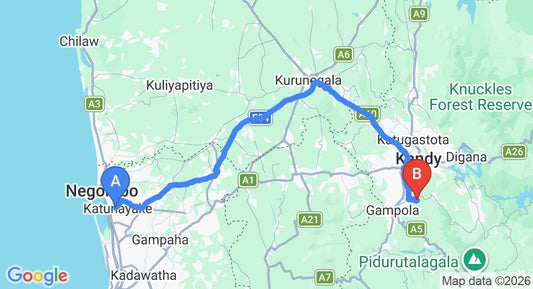 Driving route map: Colombo Airport (CMB) to Ellerton Kandy, Kandy (127 km, approx 3 h 15 min private transfer)
