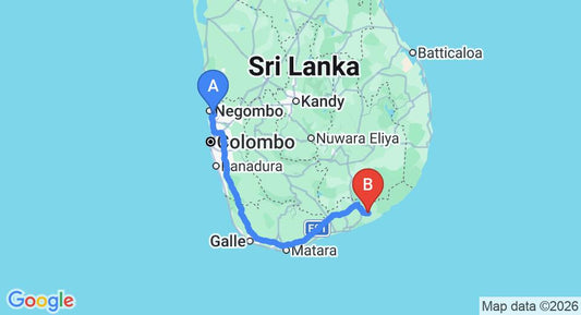 Driving route map: Colombo Airport (CMB) to Lake View Hotel, Tissamaharama (279 km, approx 3 h 42 min private transfer)