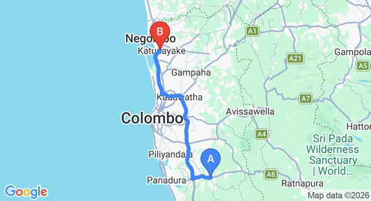 Driving route map: Horana to Colombo Airport (CMB) (70 km, approx 1 h 11 min private transfer)