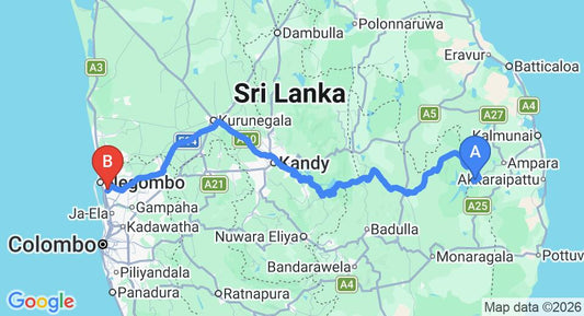 Driving route map: Inginiyagala to Colombo Airport (CMB) (291 km, approx 6 h 36 min private transfer)
