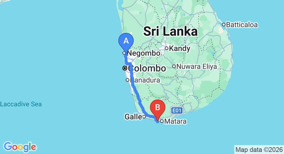 Driving route map: Colombo Airport (CMB) to The Spice House, Mirissa (178 km, approx 2 h 35 min private transfer)