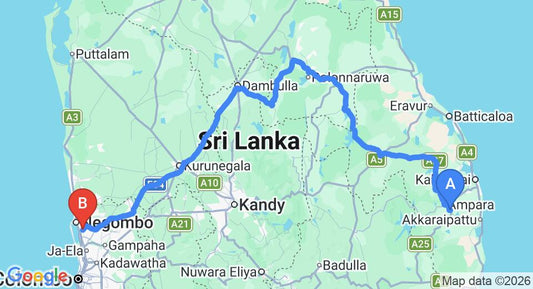 Driving route map: Gal Oya to Colombo Airport (CMB) (335 km, approx 6 h 43 min private transfer)