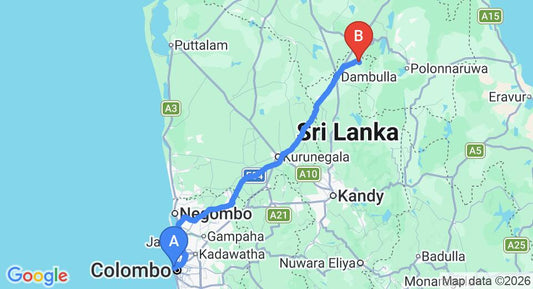 Driving route map: Colombo Seaport to Sigiriya (179 km, approx 3 h 45 min private transfer)