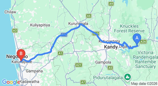 Driving route map: Hunnasgiriya to Colombo Airport (CMB) (149 km, approx 3 h 50 min private transfer)