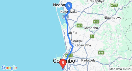 Driving route map: Colombo Airport (CMB) to The Ocean, Colombo (38 km, approx 54 min private transfer)