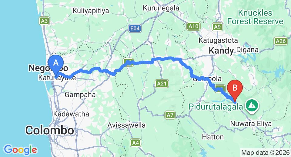 Driving route map: Colombo Airport (CMB) to Oakray Tea Bush, Ramboda (135 km, approx 4 h 5 min private transfer)
