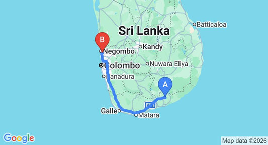 Driving route map: Mattala (HRI) Airport to Colombo Airport (CMB) (253 km, approx 3 h 8 min private transfer)