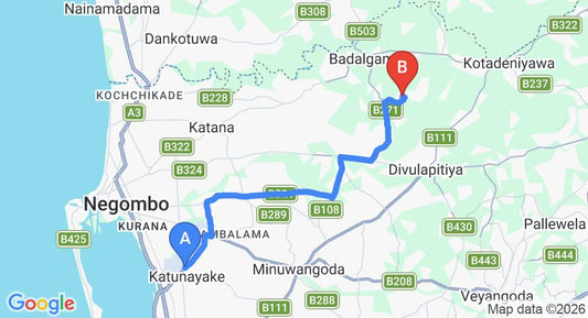 Driving route map: Colombo Airport (CMB) to Delwagura (23 km, approx 42 min private transfer)