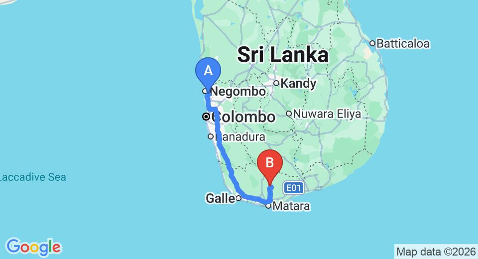 Driving route map: Colombo Airport (CMB) to Eco Jungle Hideout, Matara (205 km, approx 3 h 5 min private transfer)