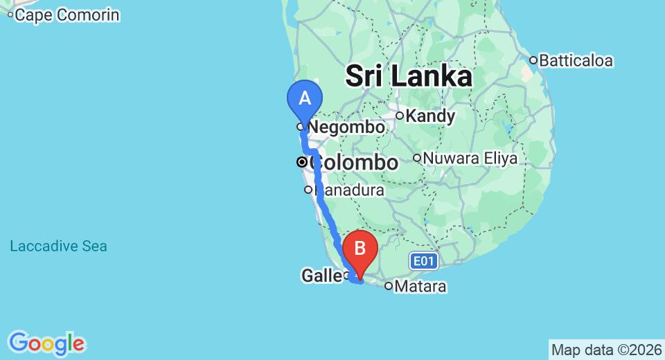 Driving route map: Colombo Airport (CMB) to Koggala Beach Hotel, Koggala (161 km, approx 2 h 21 min private transfer)