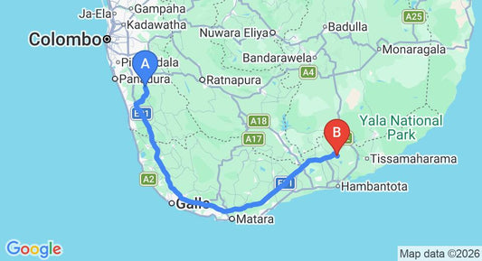 Driving route map: Yala to Mattala (HRI) Airport (192 km, approx 2 h 41 min private transfer)