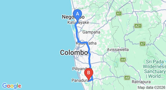 Driving route map: Colombo Airport (CMB) to Bolgoda (68 km, approx 1 h 7 min private transfer)