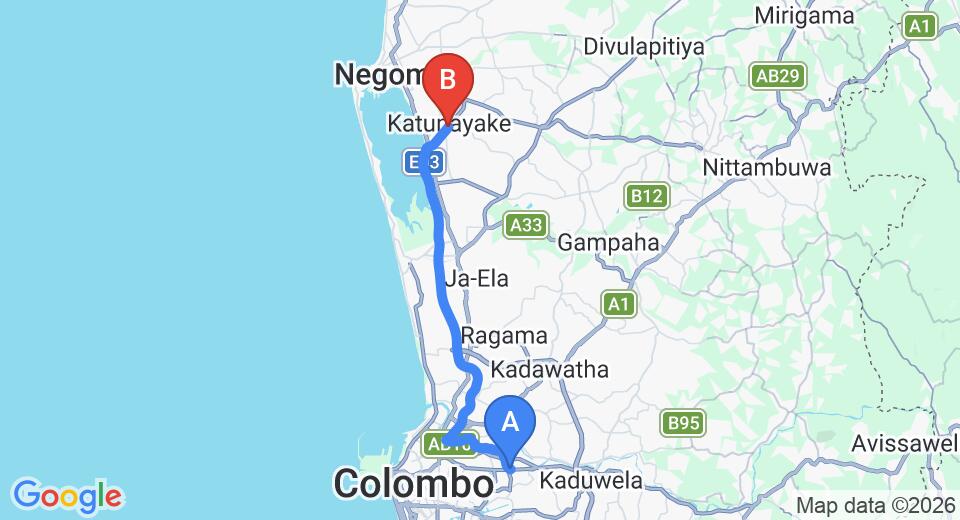 Driving route map: Angoda to Colombo Airport (CMB) (33 km, approx 38 min private transfer)