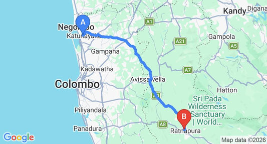 Driving route map: Colombo Airport (CMB) to Udapola Bungalow, Ratnapura (94 km, approx 2 h 40 min private transfer)