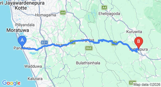 Driving route map: Panadura to Ratnapura (68 km, approx 2 h 3 min private transfer)