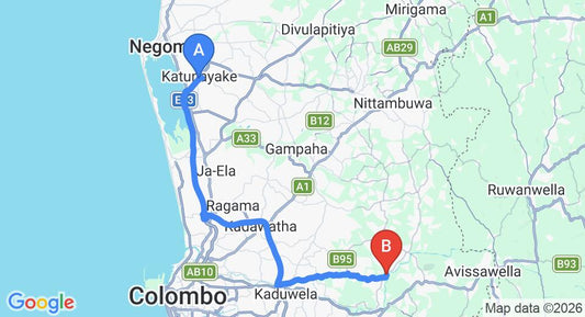 Driving route map: Colombo Airport (CMB) to Kapugoda (52 km, approx 1 h 5 min private transfer)