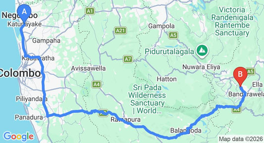 Driving route map: Colombo Airport (CMB) to Eeescart Family Resort, Bandarawela (225 km, approx 5 h 32 min private transfer)