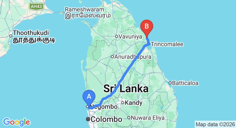 Driving route map: Colombo Airport (CMB) to Nilaveli Palm House, Nilaveli (252 km, approx 5 h 9 min private transfer)