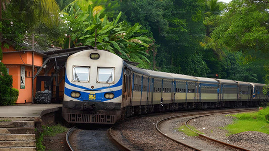 Train on a track surrounded by greenery and a building.