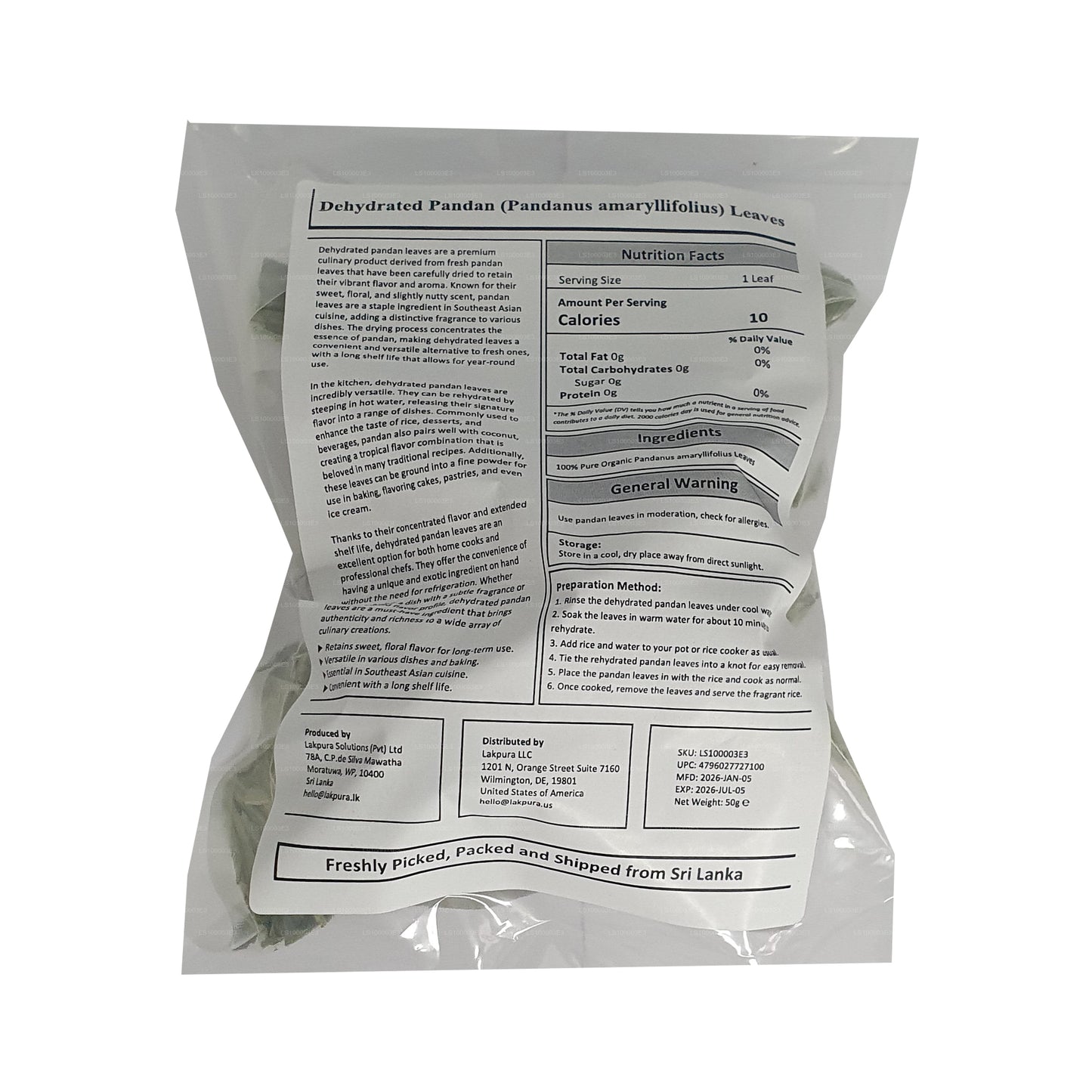 Lakpura Dehydrated Pandan Rampe-blad