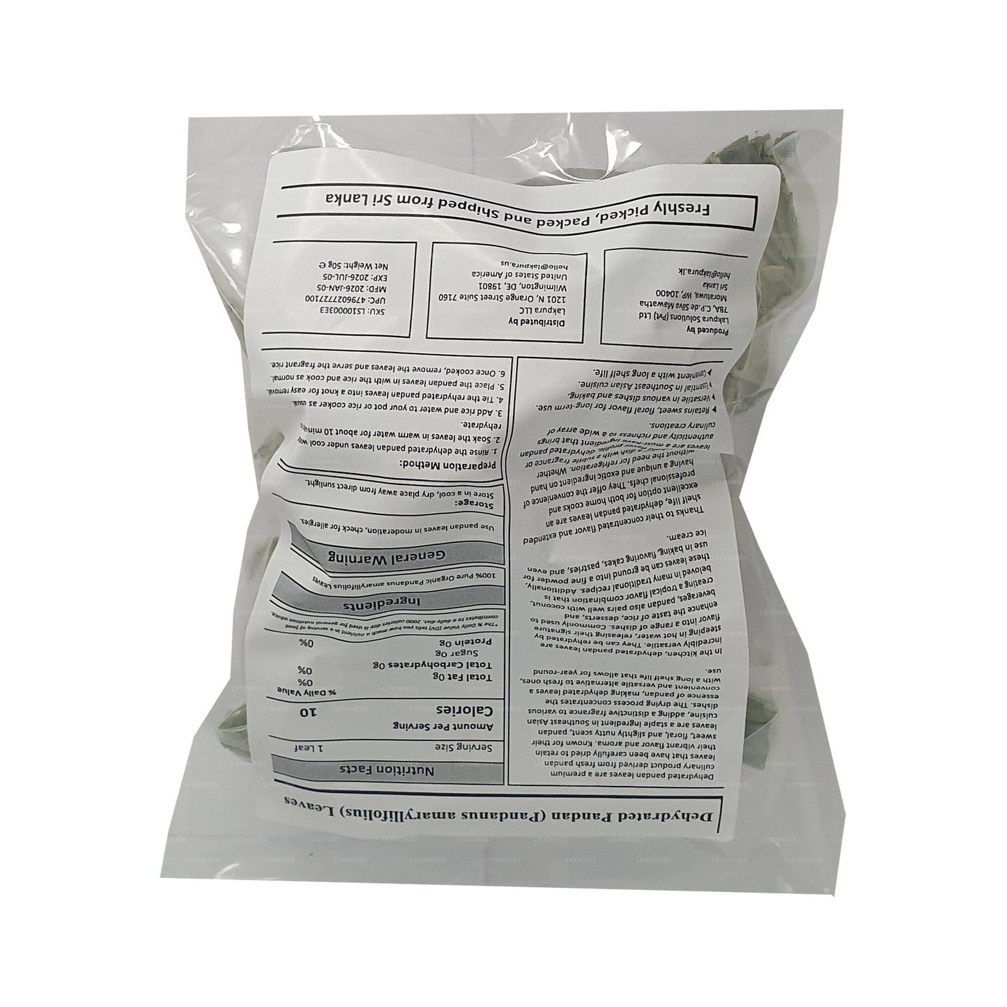Lakpura Dehydrated Pandan Rampe-blad