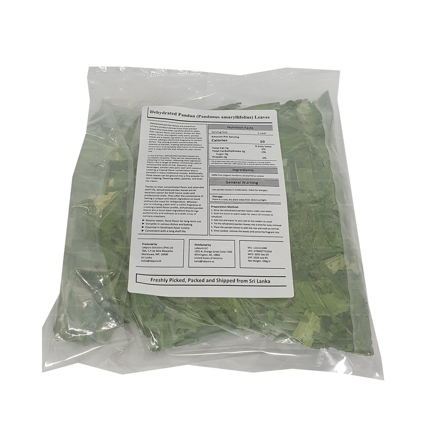 Lakpura Dehydrated Pandan Rampe-blad
