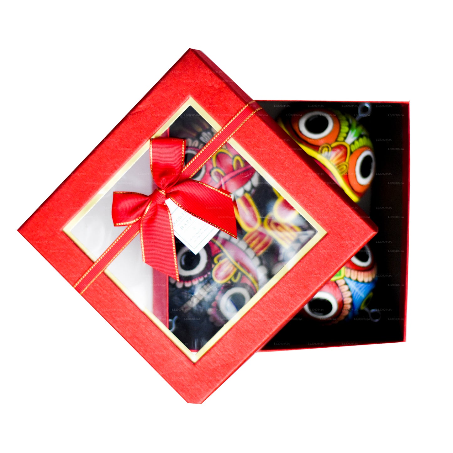 Sri Lankas traditionella Raksha-masker (Mayura, Maru, Agni, Naga) målade över kokosnötskal (paket med 4)