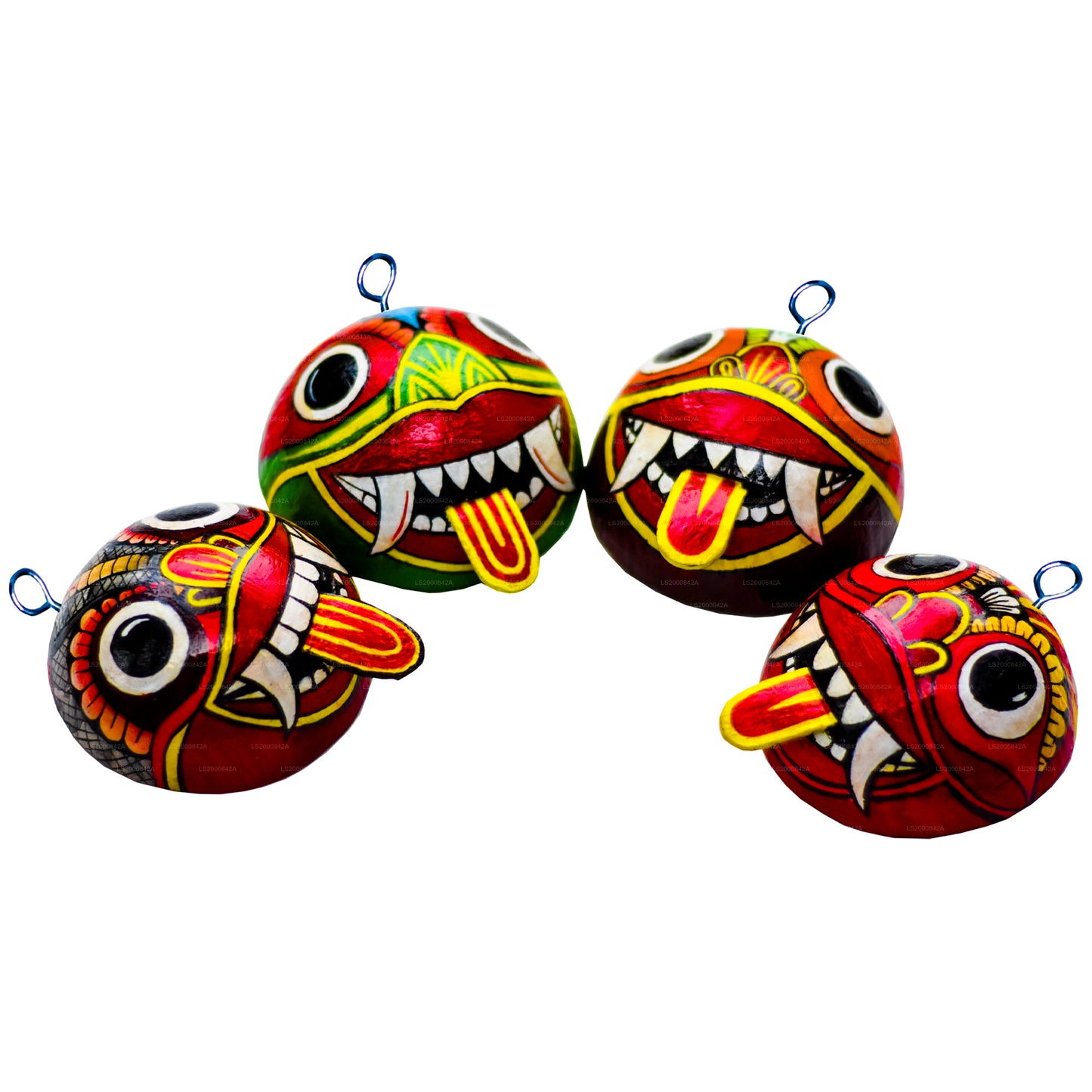 Sri Lankas traditionella Raksha-masker (Mayura, Maru, Agni, Naga) målade över kokosnötskal (paket med 4)
