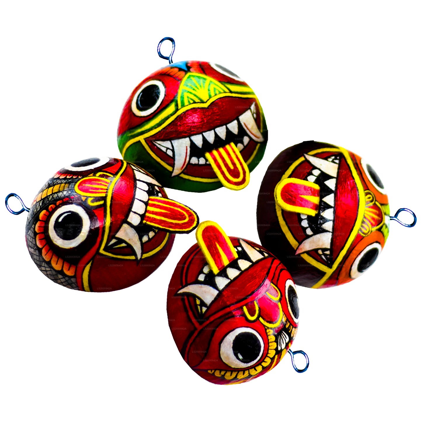 Sri Lankas traditionella Raksha-masker (Mayura, Maru, Agni, Naga) målade över kokosnötskal (paket med 4)