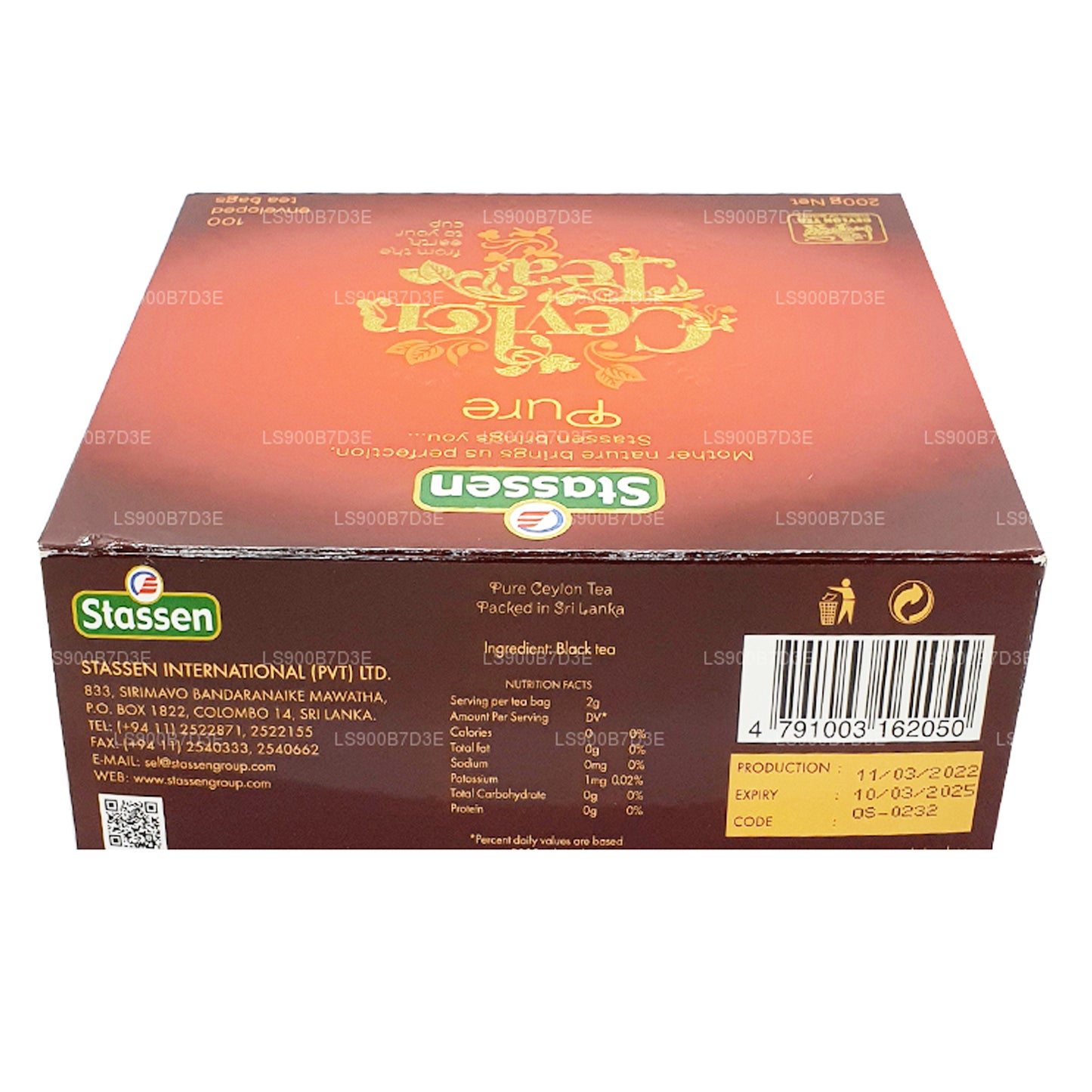 Stassen Pure Ceylon svart te (200g) 100 tepåsar