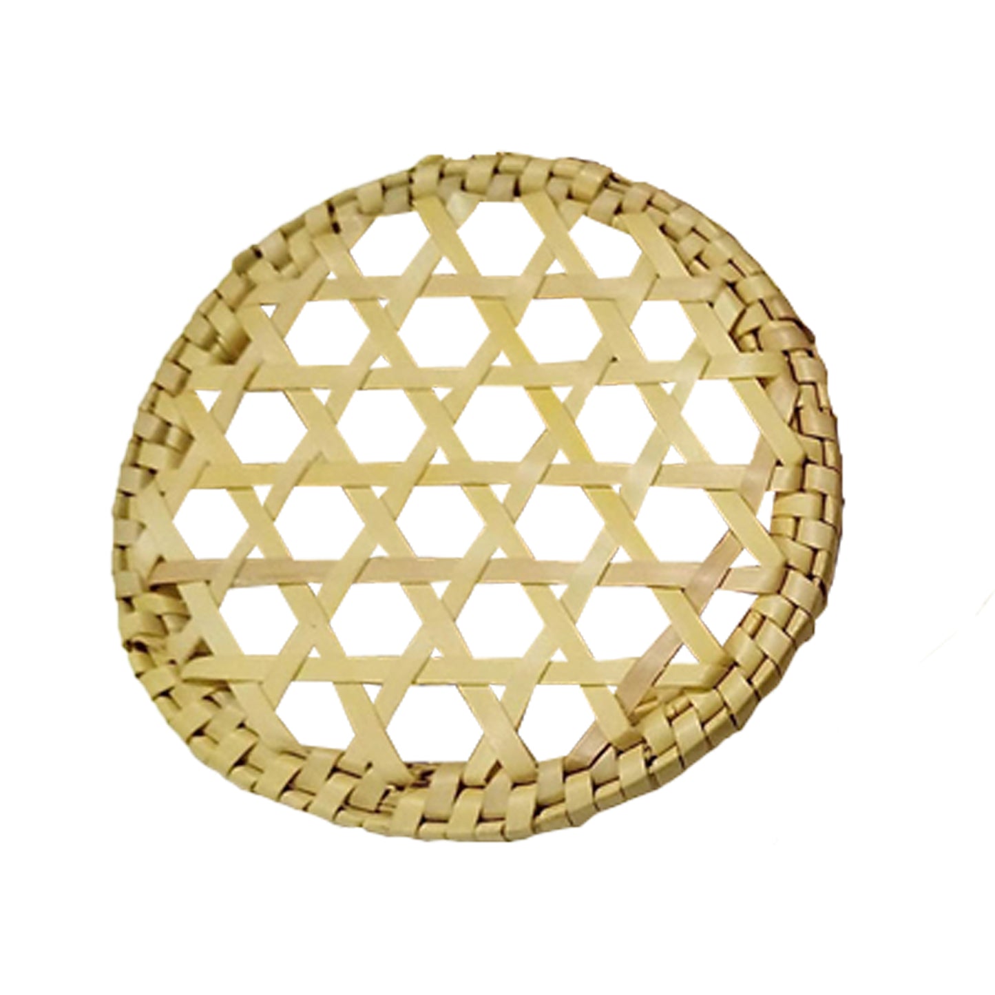Woven hexagonal pattern on a round mat with a white background