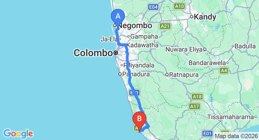 Driving route map: Colombo Airport (CMB) to Hotel Blue Note, Hikkaduwa (144 km, approx 2 h 8 min private transfer)