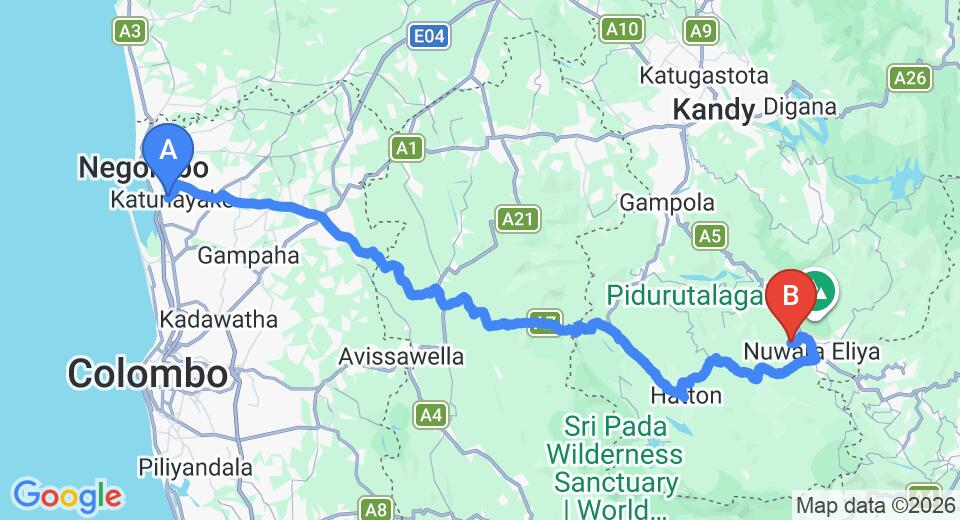 Driving route map: Colombo Airport (CMB) to The Oliphant Bungalow, Nuwara Eliya (159 km, approx 5 h 2 min private transfer)